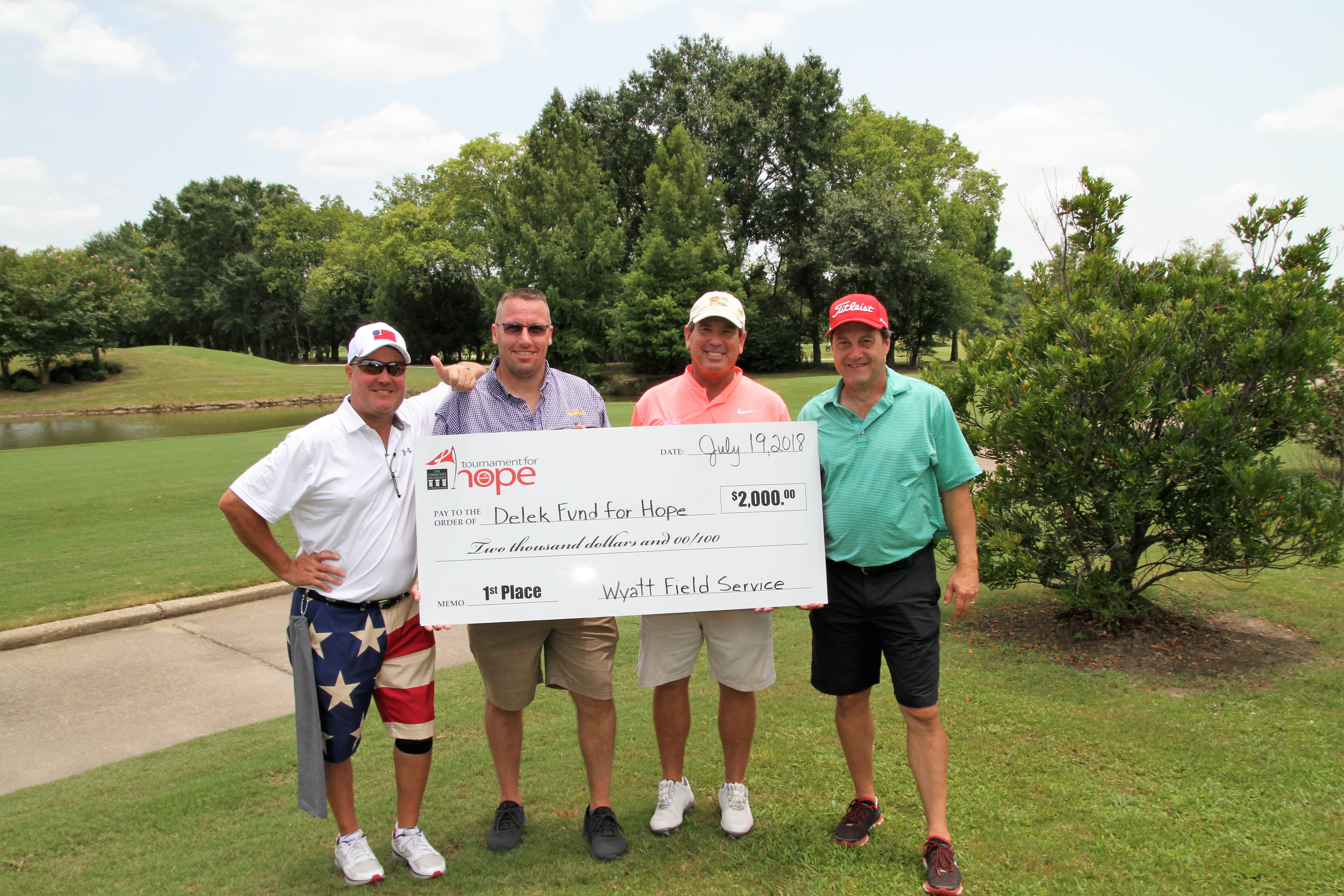 four men holding large check